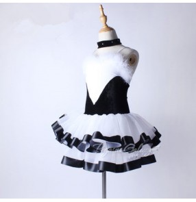 Black white velvet feather  tulle patchwork backless girls kids children  professional competition performance tutu skirts ballet dance costumes outfits